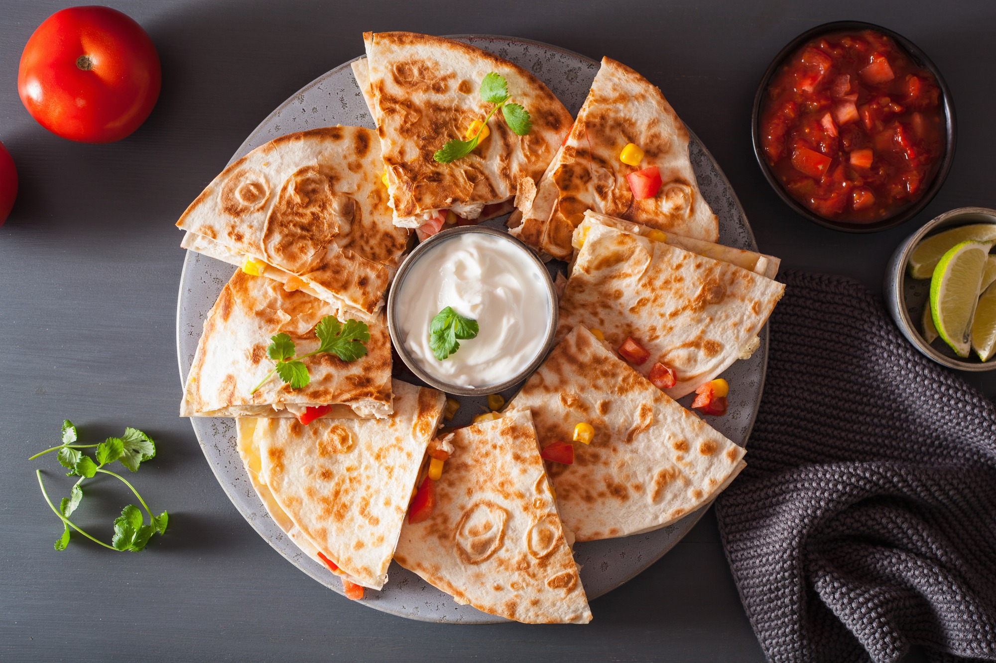 mexican quesadilla with chicken tomato corn cheese